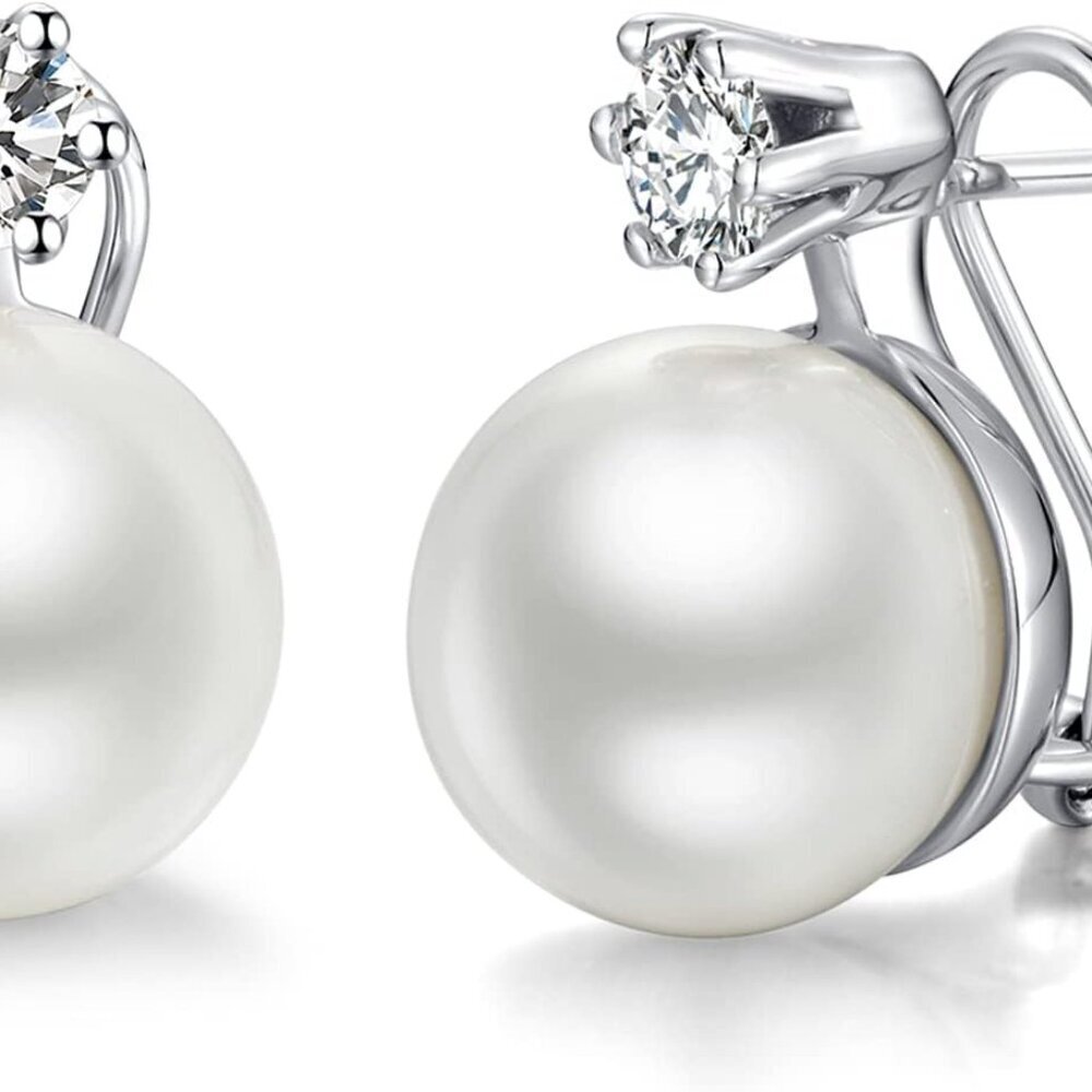 18K White Gold Plated Pearl Diamond Stud Earrings for Women 925 Sterling Silver